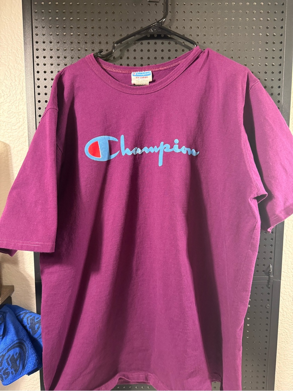 Champion Short-Sleeve Logo Tee in Plum with Light Blue & Red Accent